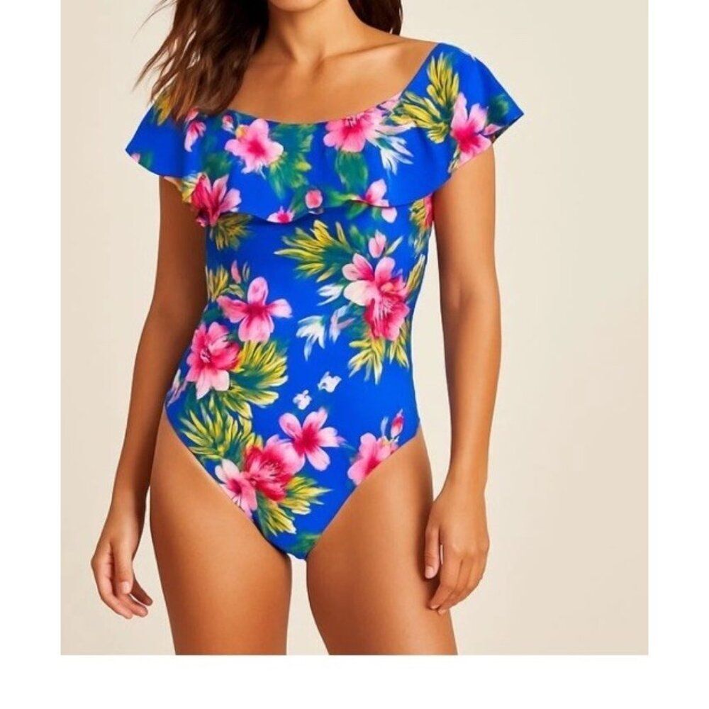 NWT Kona Sol Blue Floral 1 Pc Swimsuit 14W Off Shoulder Ruffle Tropical Print